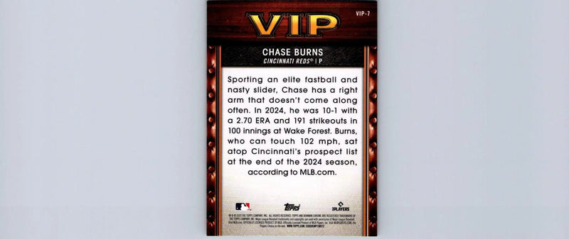 Chase Burns baseball card from 2025 Bowman VIP-7 showcasing important prospects