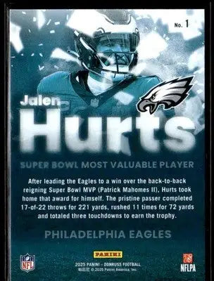 2025 Donruss #1 Jalen Hurts Super Bowl MVP Philadelphia Eagles - Football Card Single
