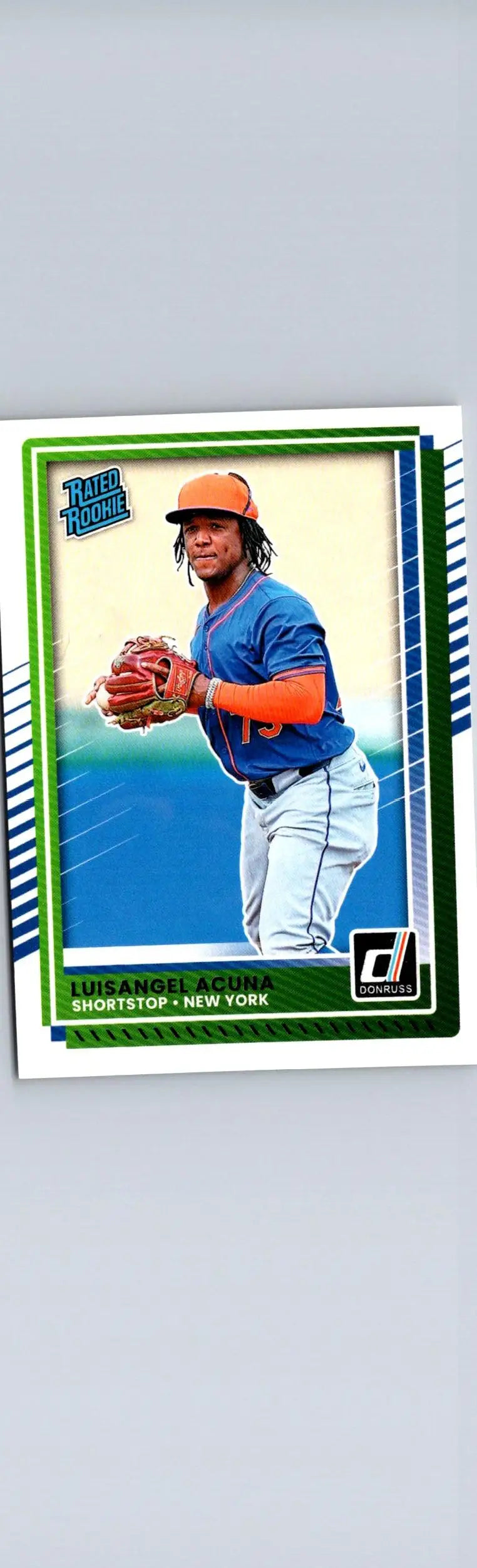 Baseball trading card featuring Luisangel Acuna in a blue and orange uniform for 2025 Donruss