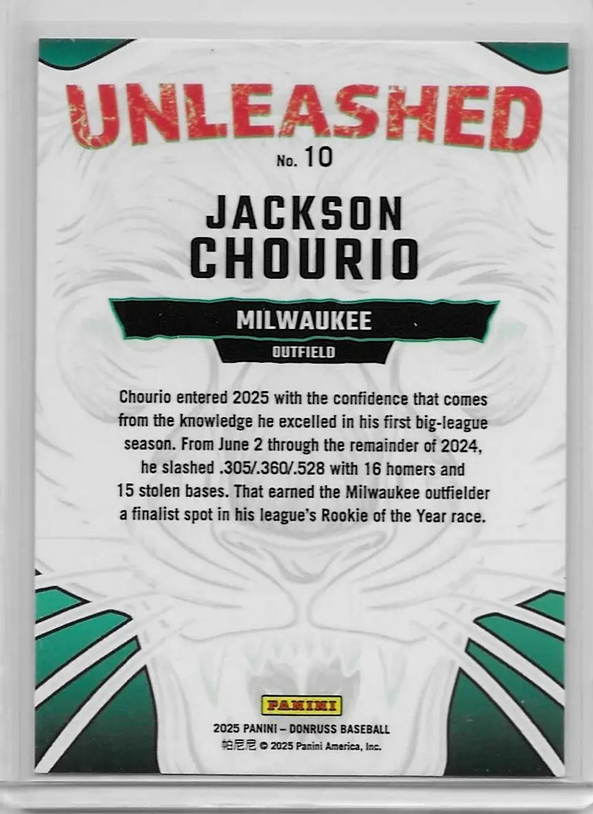 2025 Donruss #10 Jackson Chourio Unleashed Milwaukee Brewers (1122) - Baseball Card Single