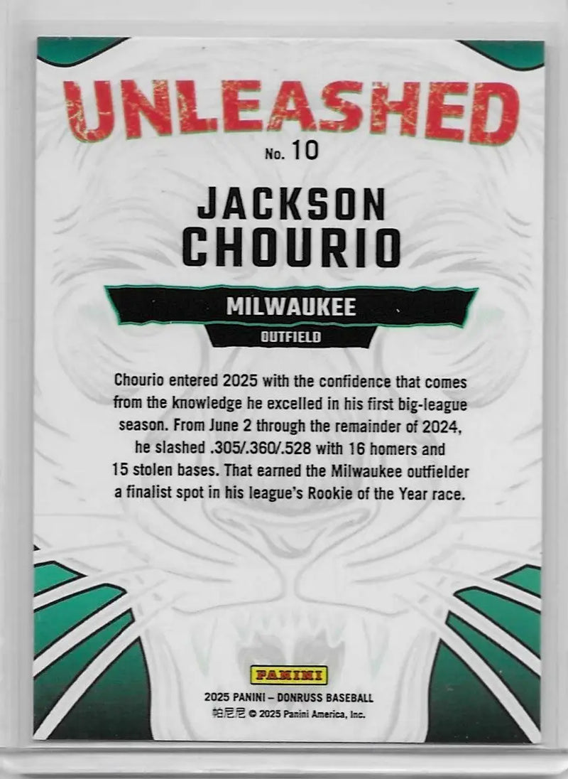 2025 Donruss #10 Jackson Chourio Unleashed Milwaukee Brewers (1122) - Baseball Card Single