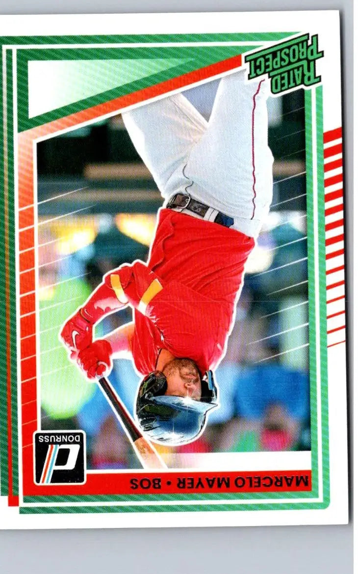 Baseball card featuring Marcelo Mayer in a red uniform swinging a bat upside down