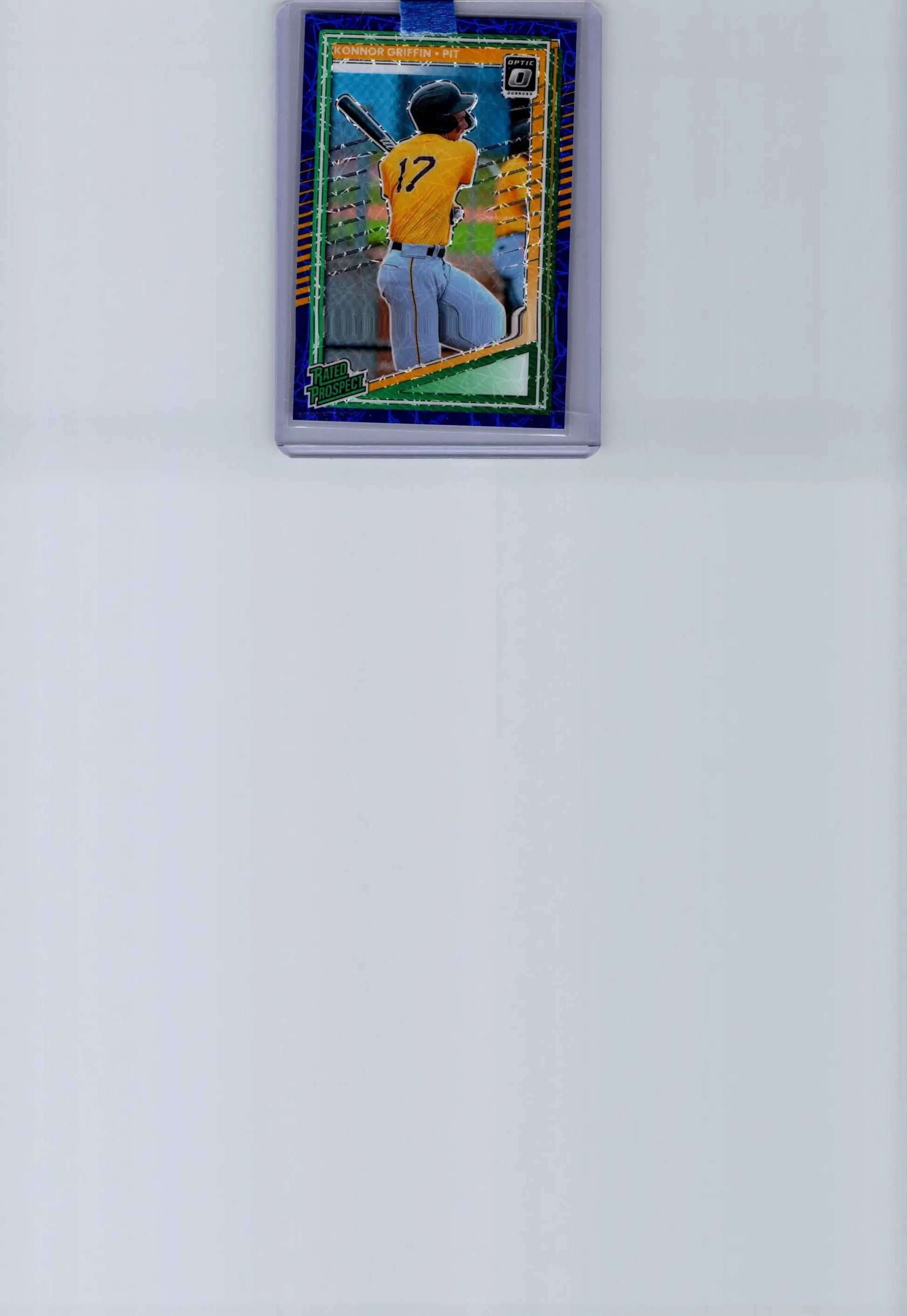 Konnor Griffin trading card in yellow jersey with number 17, encased in protector, Griffins Optic Blue