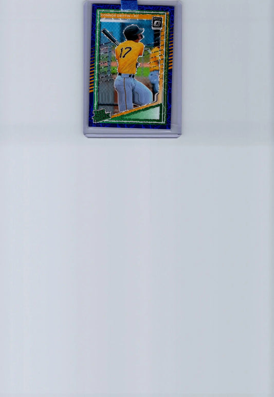 Konnor Griffin trading card in yellow jersey with number 17, encased in protector, Griffins Optic Blue