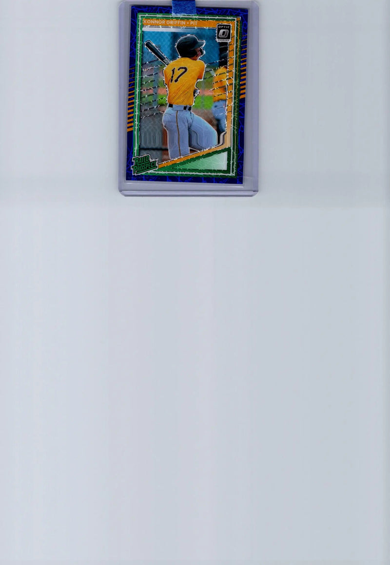 Konnor Griffin trading card in yellow jersey with number 17, encased in protector, Griffins Optic Blue