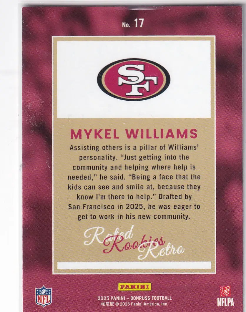 2025 DONRUSS #17 MYKEL WILLIAMS RATED ROOKIE RETRO- SAN FRANCISCO 49ERS - Football Card Single