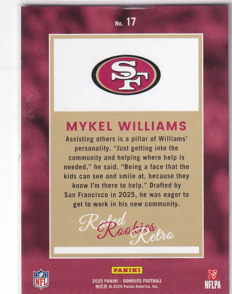2025 DONRUSS #17 MYKEL WILLIAMS RATED ROOKIE RETRO- SAN FRANCISCO 49ERS - Football Card Single