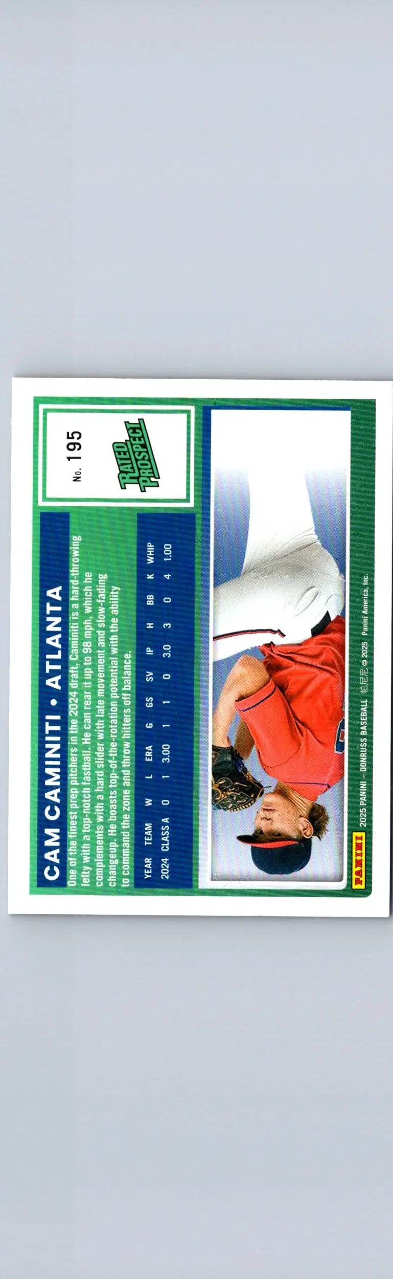 Baseball trading card of Cam Caminiti of the Atlanta Braves with stats and action shot