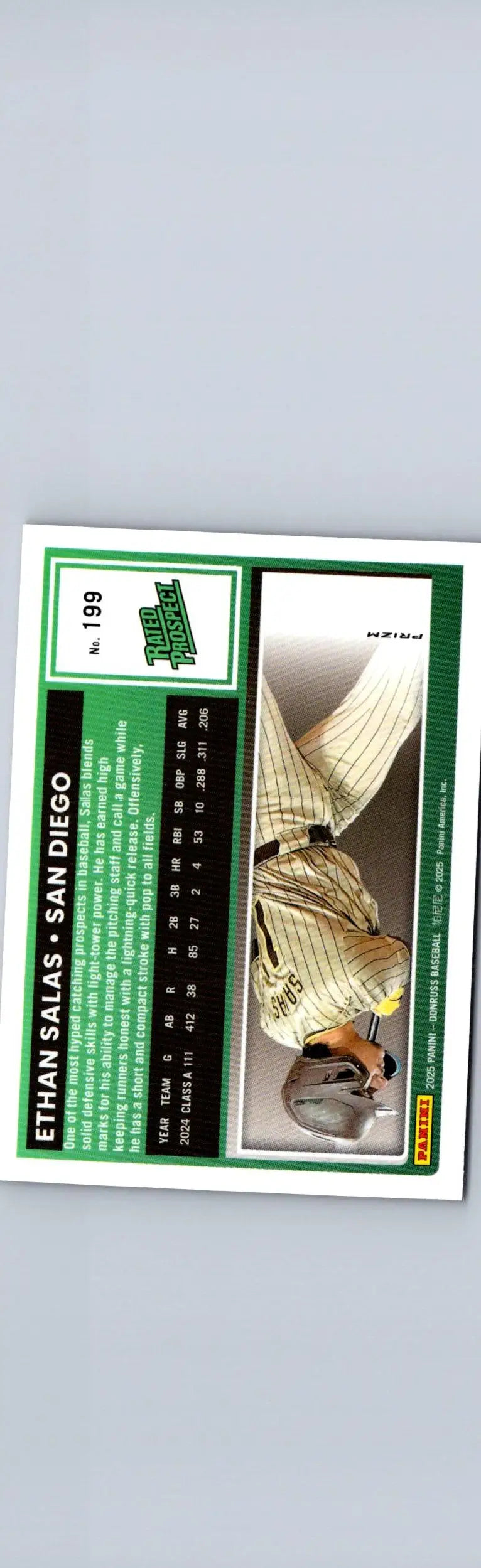 Baseball trading card of Ethan Salas with player stats and image from 2025 Donruss Salas Optic Blue Velocity