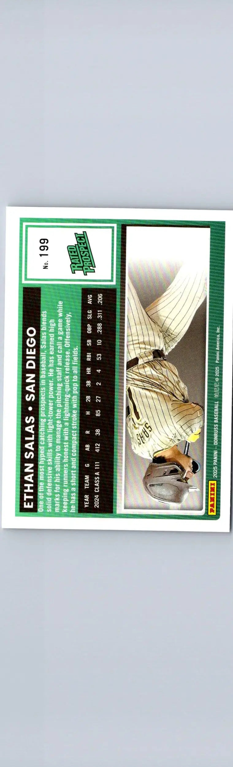 Baseball card featuring Ethan Salas of the San Diego Padres with player stats and image