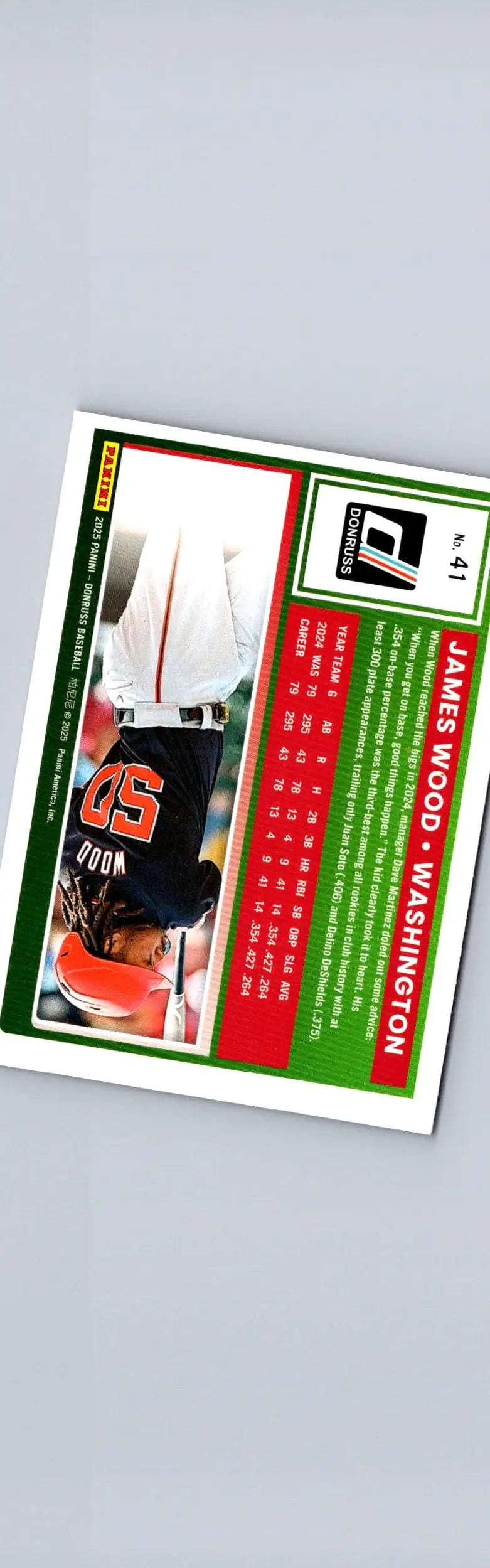 Back of 2025 Donruss James Wood baseball trading card featuring player James Wood