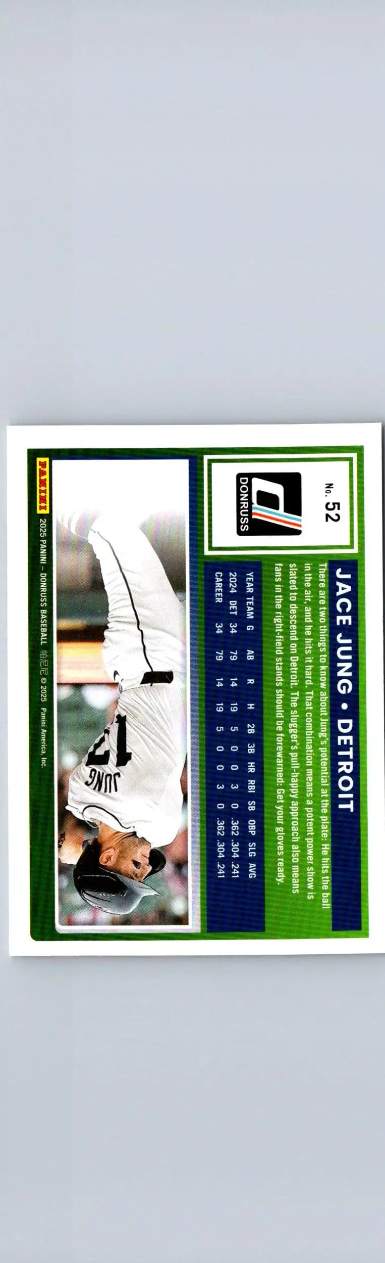 Baseball trading card featuring Jace Jung in Detroit Tigers uniform from 2025 Donruss