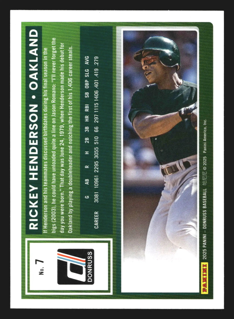 2025 Donruss #7 Rickey Henderson Oakland Athletics HOF - Baseball Card Single