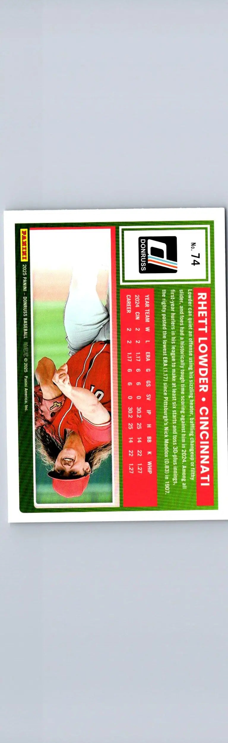 Baseball trading card featuring Rhett Lowder in a red uniform from 2025 Donruss series