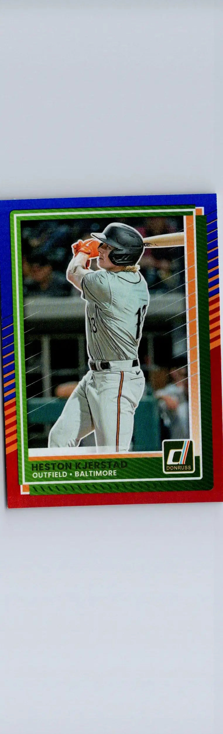 Baseball trading card featuring Heston Kjerstad in batting stance with blue and red border