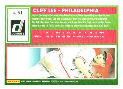 2025 Donruss Base #51 Cliff Lee NM-MT Phillies ID:79031 - Baseball Card Single