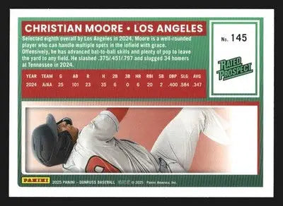2025 Donruss Christian Moore #145 Rated Prospect Blue /149 Angels - Baseball Card Single