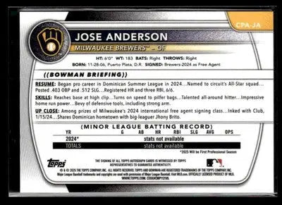 2025 Donruss Chrome #CPA-JA Jose Anderson Prospect Autos - Baseball Card Single