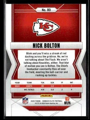 2025 Donruss Elite Nick Bolton #80 Kansas City Chiefs - Football Card Single