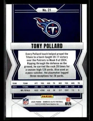 2025 Donruss Elite Tony Pollard #21 Tennessee Titans - Football Card Single