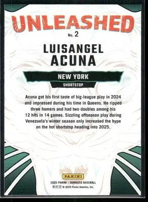 2025 Donruss Luisangel Acuna #No. 2 Unleashed RC Baseball - Baseball Card Single