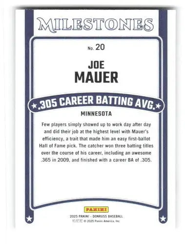 2025 Donruss Milestones #20 Joe Mauer NM-MT Twins ID:79813 - Baseball Card Single