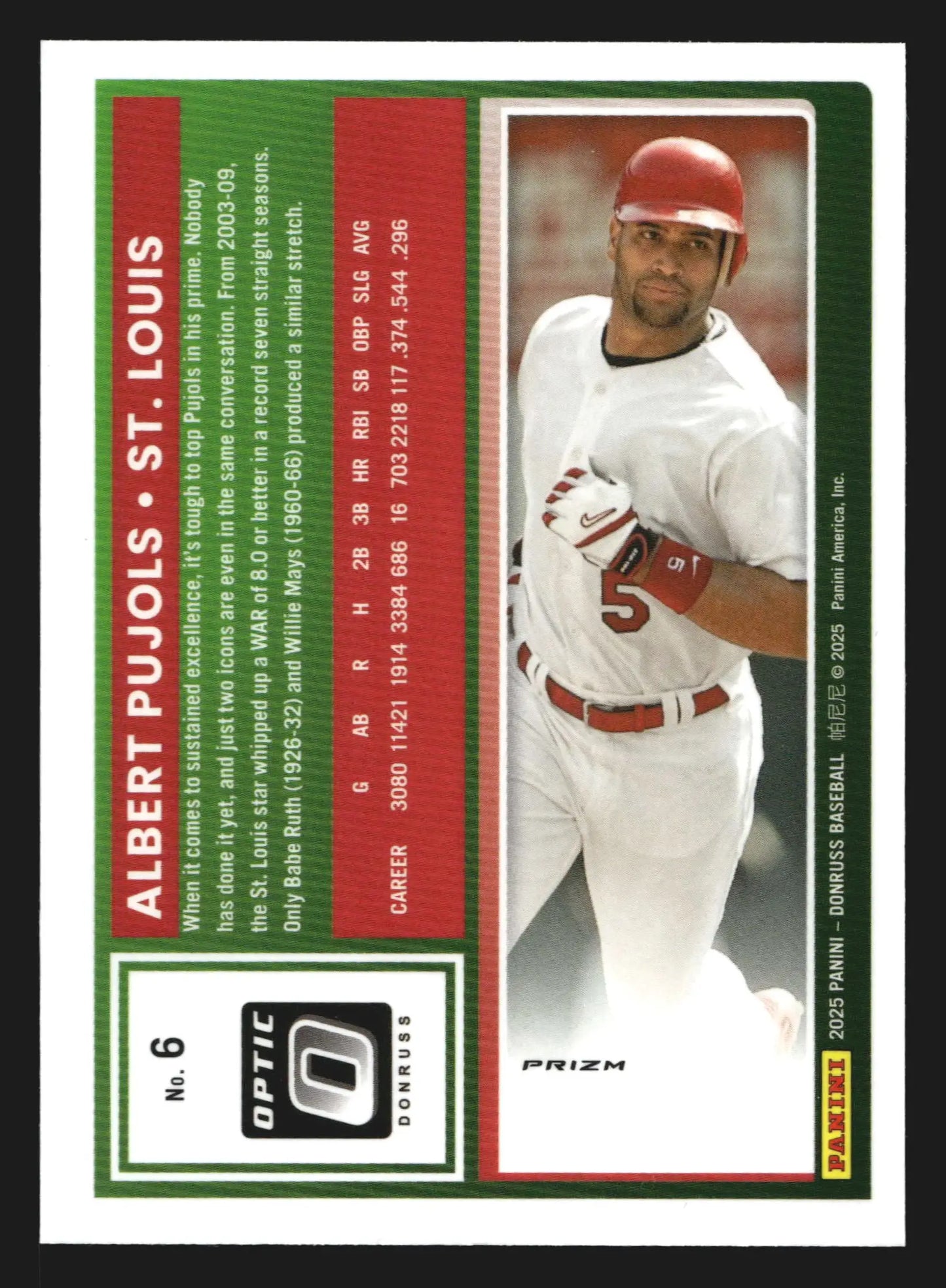 2025 Donruss Optic Holo Albert Pujols #6 St. Louis Cardinals - Baseball Card Single