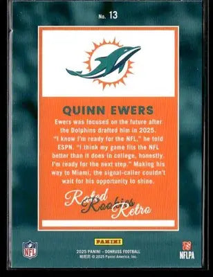 2025 Donruss Quinn Ewers #13 Rated Rookies Retro Miami Dolphins