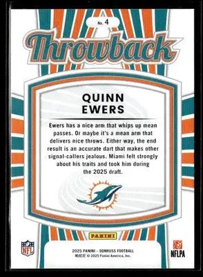 2025 Donruss Quinn Ewers #4 Rated Rookies Throwback Miami Dolphins - Football Card Single