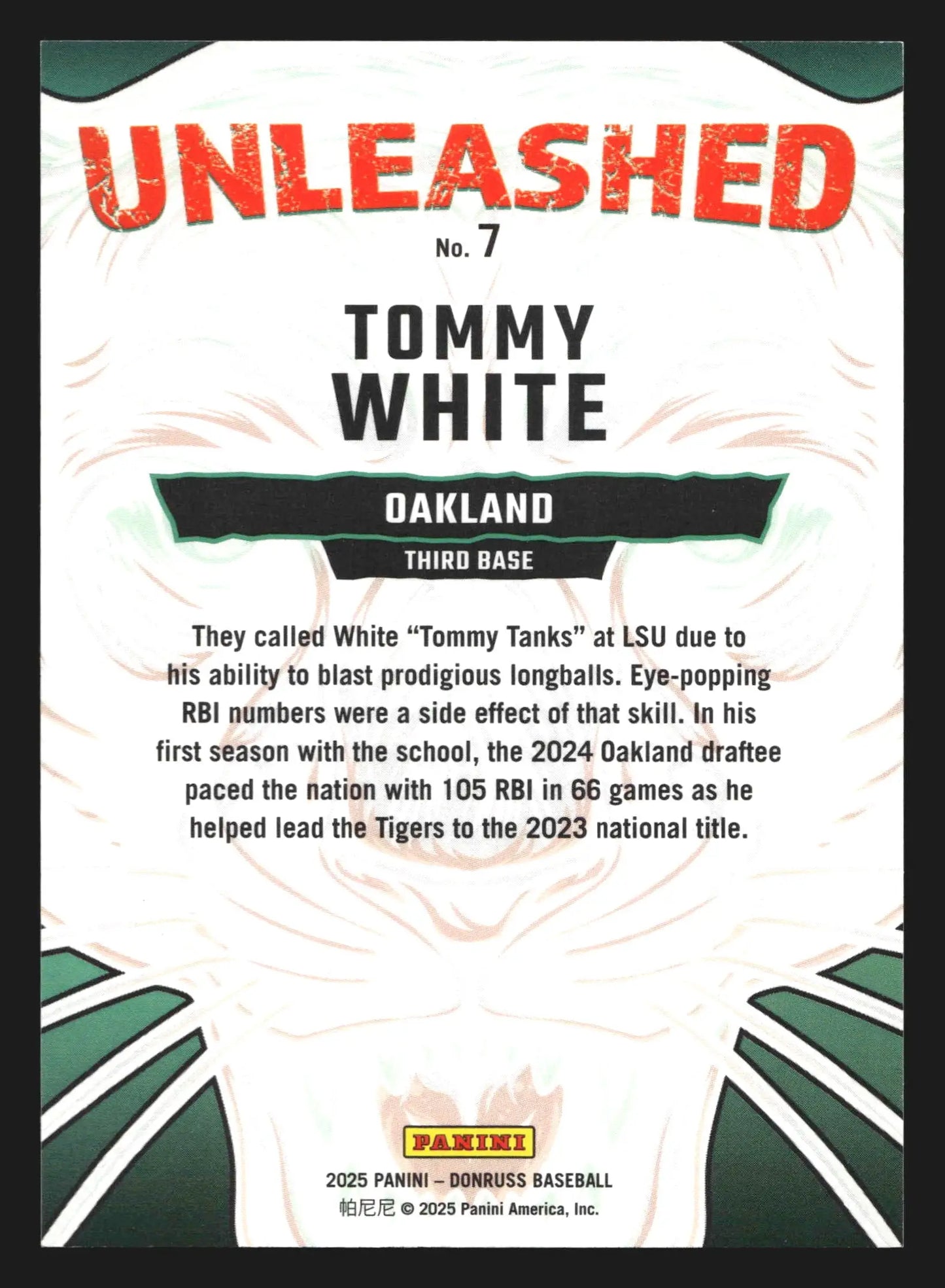 2025 Donruss Unleashed #7 Tommy White Green Laser Oakland Athletics - Baseball Card Single