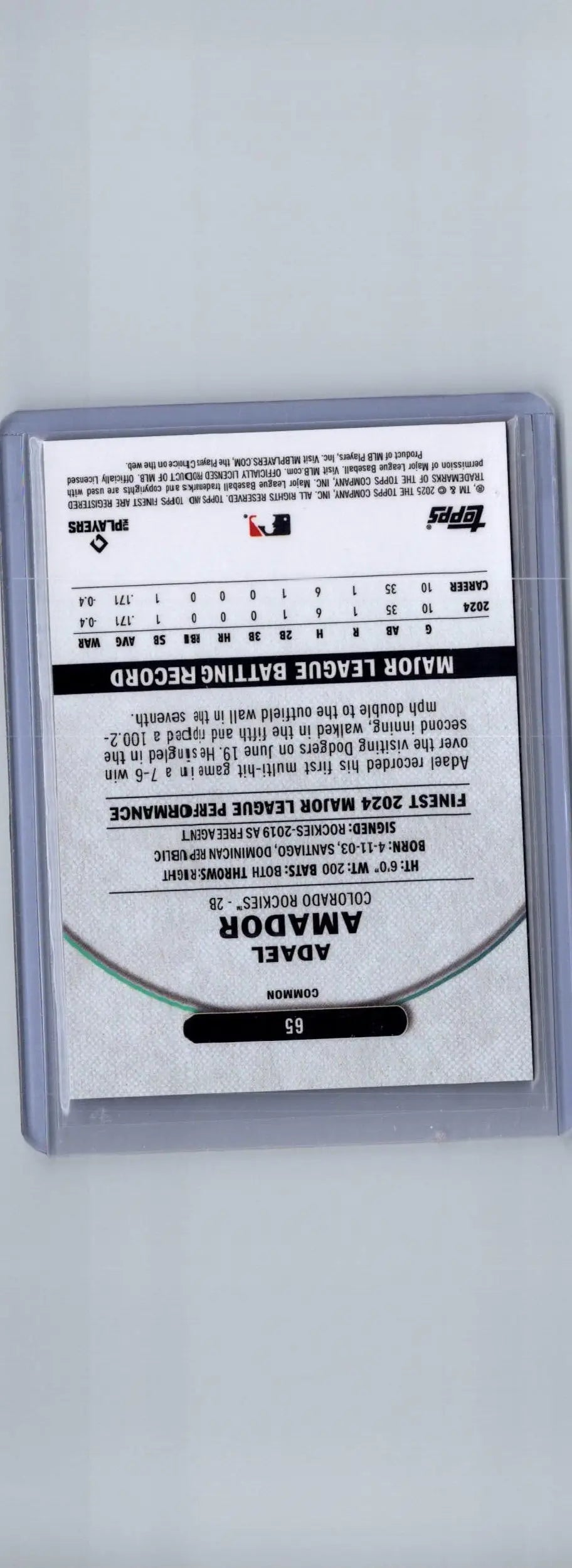 Baseball trading card of Adael Amador in clear protective sleeve for 2025 Finest #65