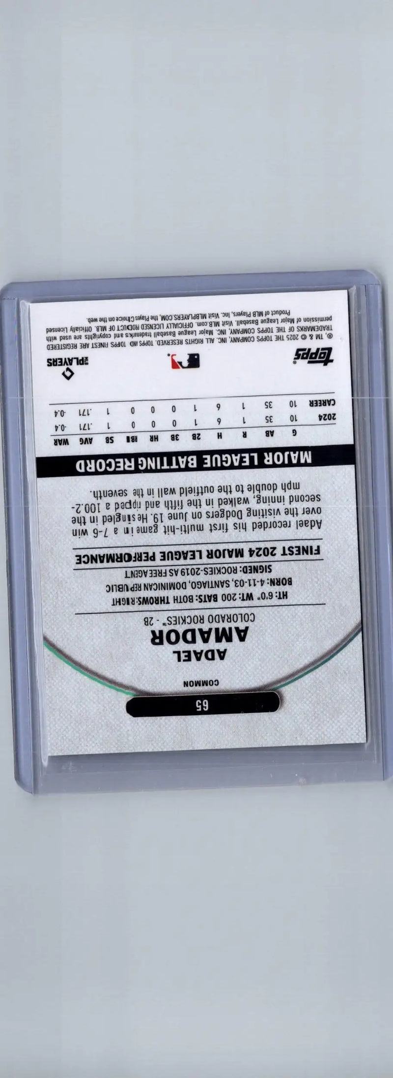 Baseball trading card of Adael Amador in clear protective sleeve for 2025 Finest #65