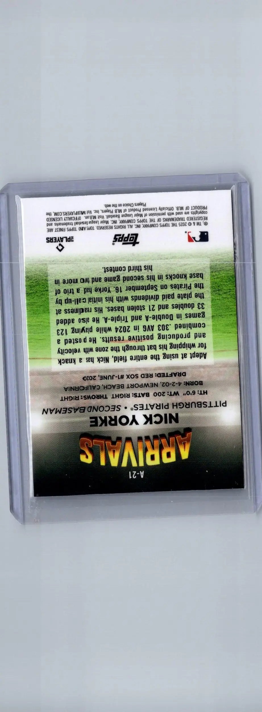Baseball trading card of Nick Yorke in protective sleeve from 2025 Finest Yorke Arrivals