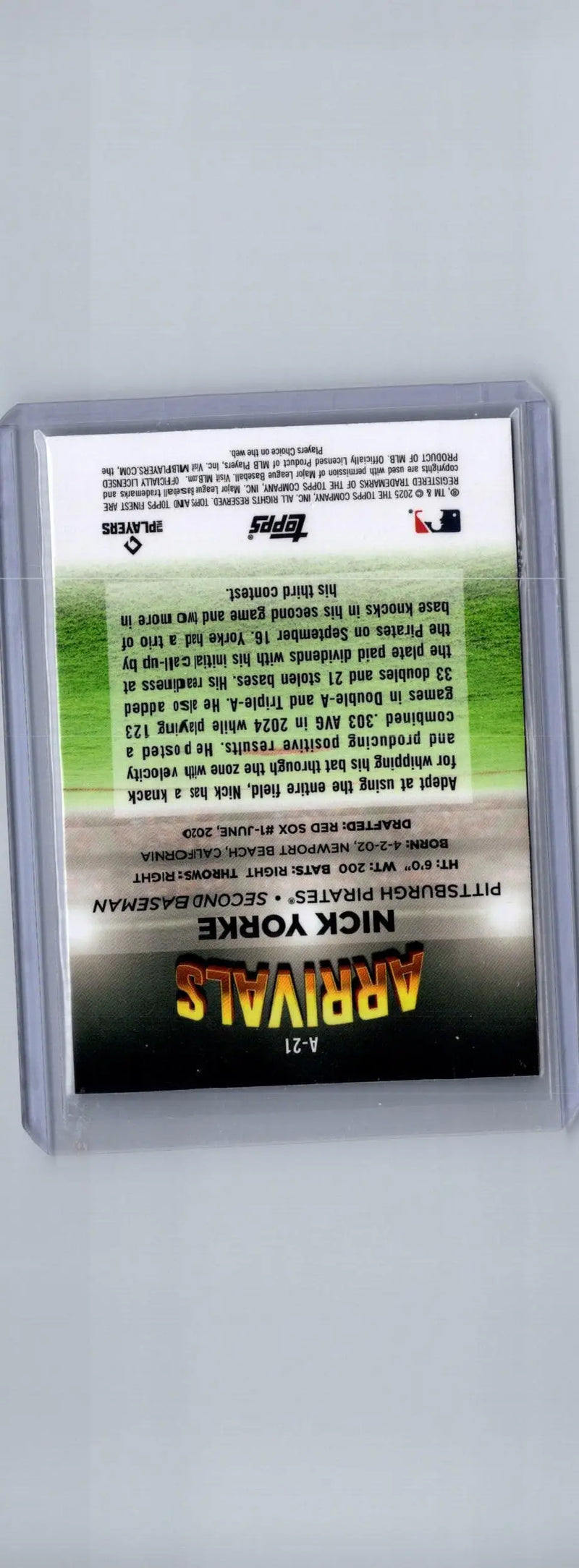 Baseball trading card of Nick Yorke in protective sleeve from 2025 Finest Yorke Arrivals