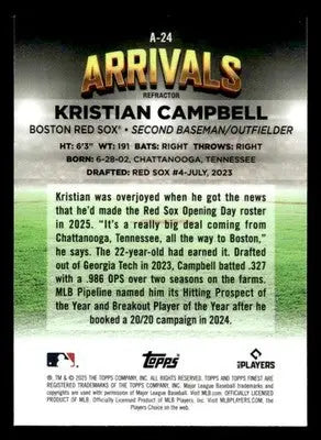 2025 Finest #A-24 Kristian Campbell Arrivals Refractor - Baseball Card Single