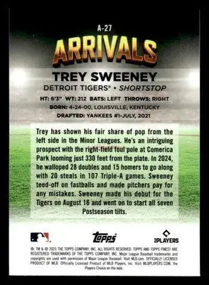 2025 Finest #A-27 Trey Sweeney Arrivals - Baseball Card Single