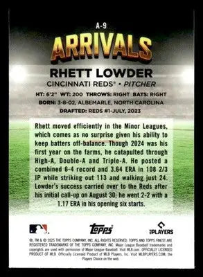 2025 Finest #A-9 Rhett Lowder Arrivals - Baseball Card Single