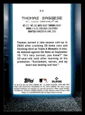 2025 Finest #D-21 Thomas Saggese Debut - Baseball Card Single