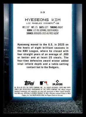 2025 Finest #D-29 Hyeseong Kim Debut - Baseball Card Single