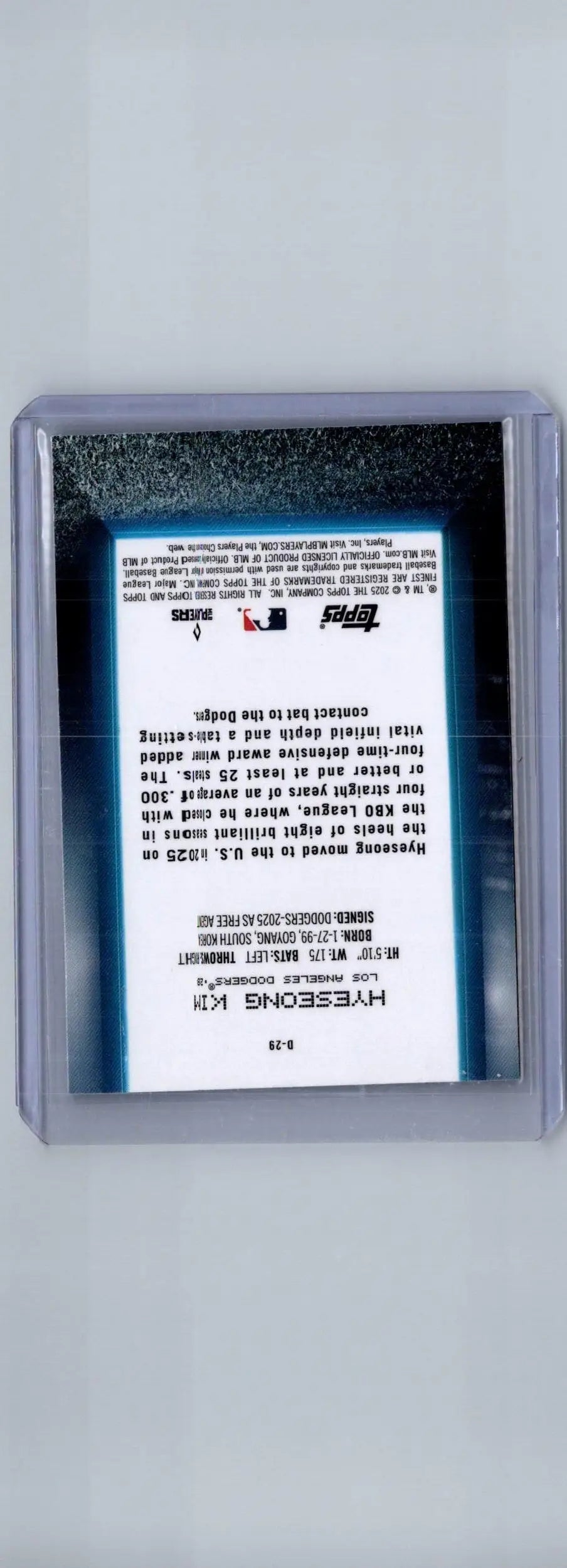 Baseball trading card of Hyeseong Kim Hyeseong Kim Debut in protective sleeve