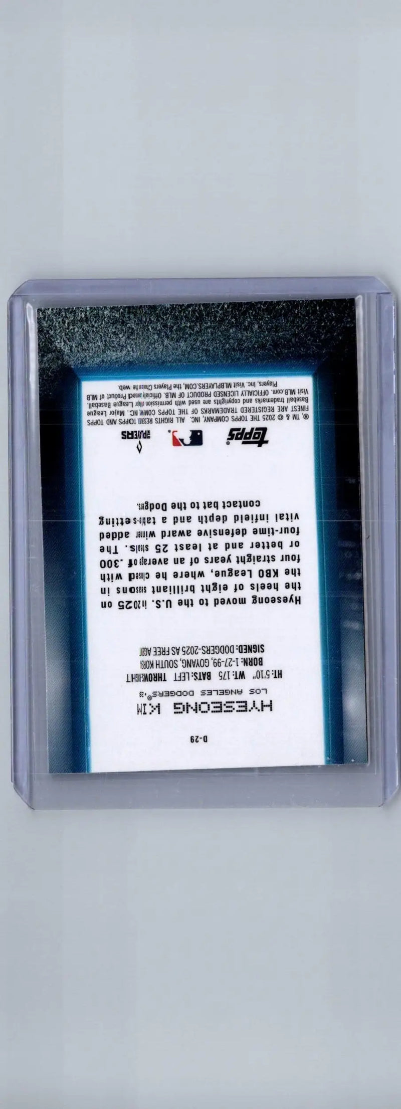 Baseball trading card of Hyeseong Kim Hyeseong Kim Debut in protective sleeve
