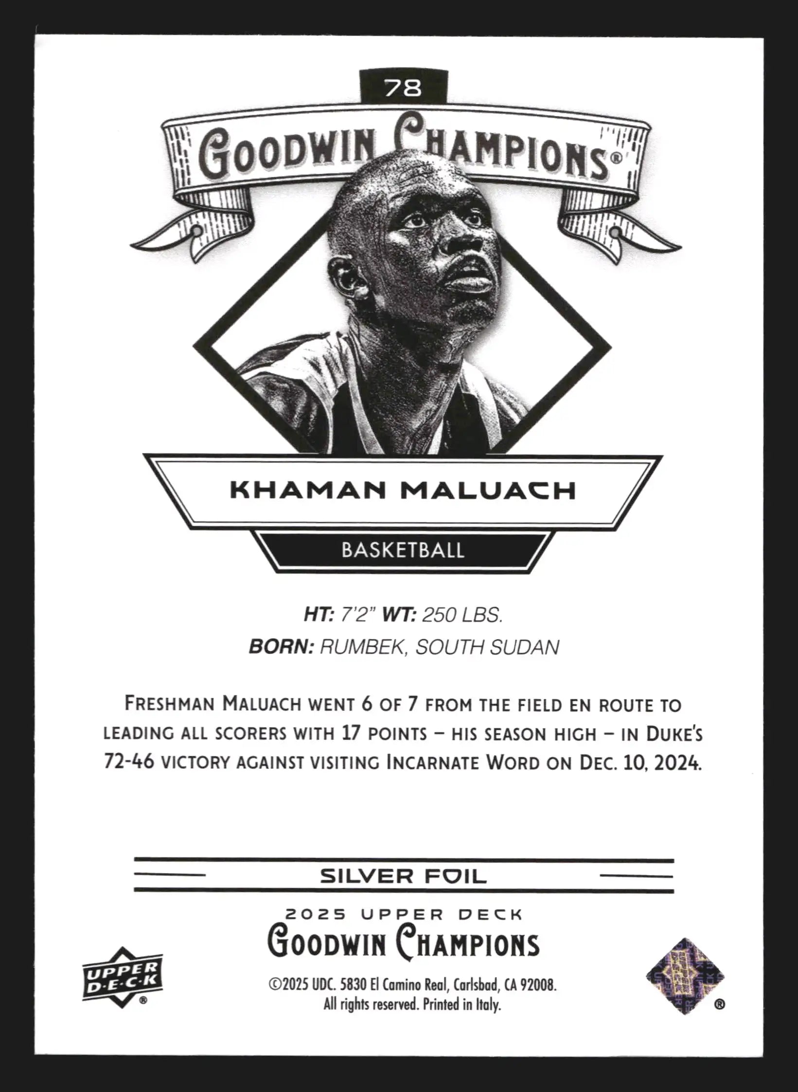 2025 Goodwin Champions Khaman Maluach #78 Silver Foil Suns RC - Basketball Card Single