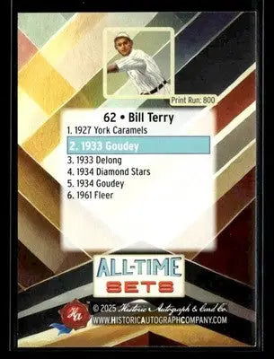 2025 HA All-Time Sets Bill Terry #62 Tier 1 #/800 (1933 Goudey) Giants - Baseball Card Single