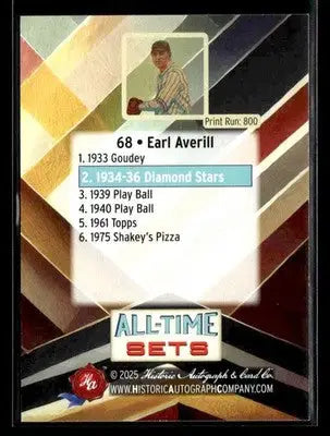 2025 HA All-Time Sets Earl Averill #68 Tier 1 #/800 (1934-36 Diamond Stars) - Baseball Card Single