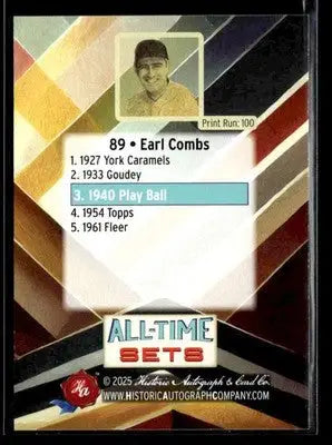2025 HA All-Time Sets Earl Combs #21 Tier 5 #/100 (1940 Play Ball) Yankees - Baseball Card Single