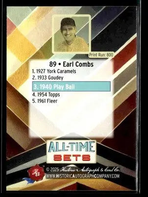 2025 HA All-Time Sets Earl Combs #89 Tier 1 #/800 1940 Play Ball Yankees - Baseball Card Single