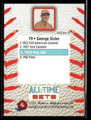 2025 HA All-Time Sets George Sisler #79 Tier 6 #/75 (1940 Play Ball) Browns - Baseball Card Single