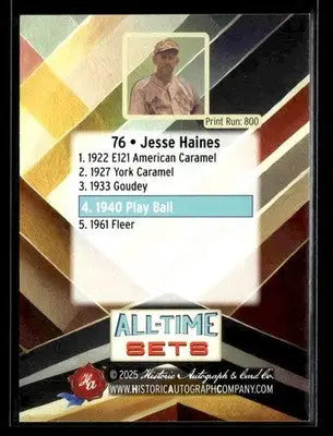 2025 HA All-Time Sets Jesse Haines #76 Tier 1 #/800 (1940 Play Ball) Cardinals - Baseball Card Single