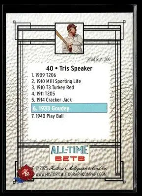 2025 HA All-Time Sets Tris Speaker #40 Tier 3 #/200 (1933 Goudey) Red Sox - Baseball Card Single