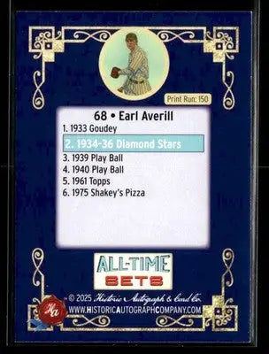 2025 HAC All-Time Sets Earl Averill #68 Tier 4 #/150 (1934-36 Diamond Stars) - Baseball Card Single